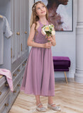 Magdalena A-Line Halter Tea-Length Chiffon Junior Bridesmaid Dress With Ruffle UKP0013616