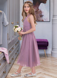 Magdalena A-Line Halter Tea-Length Chiffon Junior Bridesmaid Dress With Ruffle UKP0013616