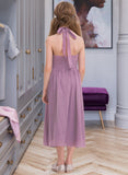 Magdalena A-Line Halter Tea-Length Chiffon Junior Bridesmaid Dress With Ruffle UKP0013616