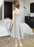 Eloise A-Line Scoop Neck Asymmetrical Satin Junior Bridesmaid Dress UKP0013618