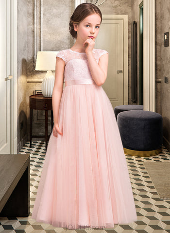 Alyssa A-Line Scoop Neck Floor-Length Tulle Lace Junior Bridesmaid Dress With Bow(s) UKP0013619