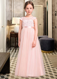 Alyssa A-Line Scoop Neck Floor-Length Tulle Lace Junior Bridesmaid Dress With Bow(s) UKP0013619