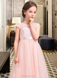 Alyssa A-Line Scoop Neck Floor-Length Tulle Lace Junior Bridesmaid Dress With Bow(s) UKP0013619