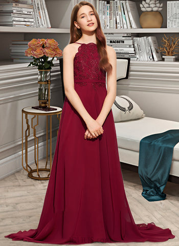 Sharon A-Line Scoop Neck Sweep Train Chiffon Lace Junior Bridesmaid Dress UKP0013620