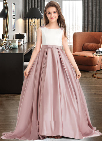 Sasha Ball-Gown/Princess Scoop Neck Sweep Train Satin Junior Bridesmaid Dress With Bow(s) Pockets UKP0013626