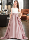 Sasha Ball-Gown/Princess Scoop Neck Sweep Train Satin Junior Bridesmaid Dress With Bow(s) Pockets UKP0013626