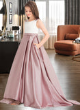 Sasha Ball-Gown/Princess Scoop Neck Sweep Train Satin Junior Bridesmaid Dress With Bow(s) Pockets UKP0013626