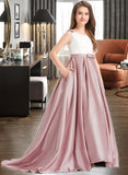 Sasha Ball-Gown/Princess Scoop Neck Sweep Train Satin Junior Bridesmaid Dress With Bow(s) Pockets UKP0013626