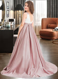 Sasha Ball-Gown/Princess Scoop Neck Sweep Train Satin Junior Bridesmaid Dress With Bow(s) Pockets UKP0013626