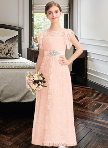 Makaila A-Line Scoop Neck Floor-Length Lace Junior Bridesmaid Dress With Beading Bow(s) Cascading Ruffles UKP0013627