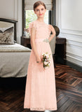 Makaila A-Line Scoop Neck Floor-Length Lace Junior Bridesmaid Dress With Beading Bow(s) Cascading Ruffles UKP0013627