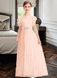 Makaila A-Line Scoop Neck Floor-Length Lace Junior Bridesmaid Dress With Beading Bow(s) Cascading Ruffles UKP0013627