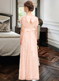 Makaila A-Line Scoop Neck Floor-Length Lace Junior Bridesmaid Dress With Beading Bow(s) Cascading Ruffles UKP0013627