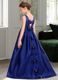 Tessa Ball-Gown/Princess Scoop Neck Sweep Train Satin Junior Bridesmaid Dress With Bow(s) UKP0013628