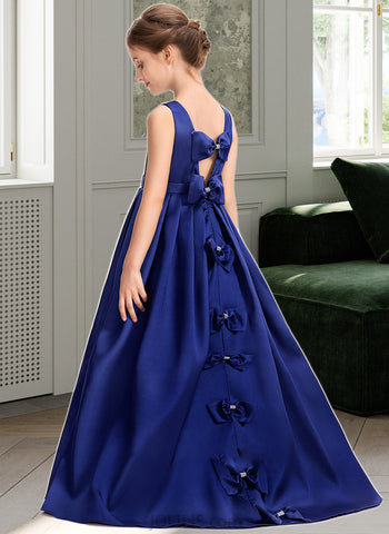 Tessa Ball-Gown/Princess Scoop Neck Sweep Train Satin Junior Bridesmaid Dress With Bow(s) UKP0013628