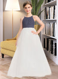 Annabella A-Line Scoop Neck Floor-Length Chiffon Tulle Junior Bridesmaid Dress With Ruffle UKP0013629