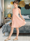 Cassandra A-Line V-neck Knee-Length Chiffon Lace Junior Bridesmaid Dress With Cascading Ruffles UKP0013630