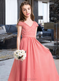 Lillianna A-Line V-neck Floor-Length Chiffon Lace Junior Bridesmaid Dress UKP0013634