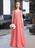 Lillianna A-Line V-neck Floor-Length Chiffon Lace Junior Bridesmaid Dress UKP0013634