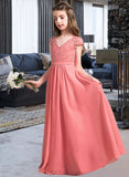 Lillianna A-Line V-neck Floor-Length Chiffon Lace Junior Bridesmaid Dress UKP0013634