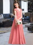 Lillianna A-Line V-neck Floor-Length Chiffon Lace Junior Bridesmaid Dress UKP0013634