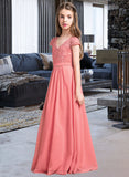 Lillianna A-Line V-neck Floor-Length Chiffon Lace Junior Bridesmaid Dress UKP0013634