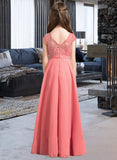 Lillianna A-Line V-neck Floor-Length Chiffon Lace Junior Bridesmaid Dress UKP0013634