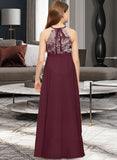 Carmen A-Line Scoop Neck Floor-Length Chiffon Lace Junior Bridesmaid Dress With Bow(s) UKP0013637