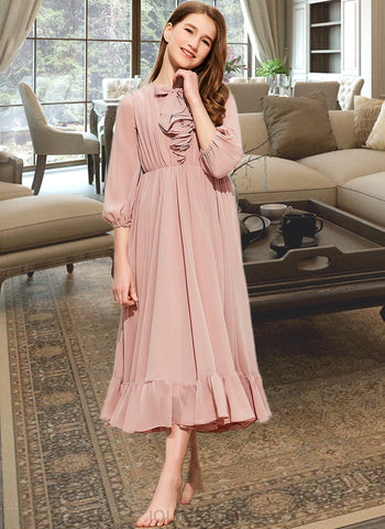 Rory A-Line Scoop Neck Tea-Length Chiffon Junior Bridesmaid Dress With Bow(s) Cascading Ruffles UKP0013638