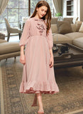 Rory A-Line Scoop Neck Tea-Length Chiffon Junior Bridesmaid Dress With Bow(s) Cascading Ruffles UKP0013638