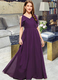 Tessa A-Line V-neck Floor-Length Chiffon Junior Bridesmaid Dress With Bow(s) Cascading Ruffles UKP0013639