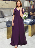 Tessa A-Line V-neck Floor-Length Chiffon Junior Bridesmaid Dress With Bow(s) Cascading Ruffles UKP0013639