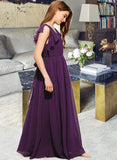 Tessa A-Line V-neck Floor-Length Chiffon Junior Bridesmaid Dress With Bow(s) Cascading Ruffles UKP0013639