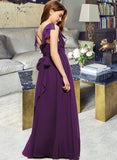 Tessa A-Line V-neck Floor-Length Chiffon Junior Bridesmaid Dress With Bow(s) Cascading Ruffles UKP0013639