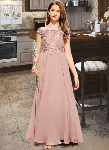 Renee A-Line Off-the-Shoulder Floor-Length Chiffon Lace Junior Bridesmaid Dress UKP0013640