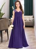 Amiah A-Line V-neck Floor-Length Chiffon Junior Bridesmaid Dress With Ruffle UKP0013642