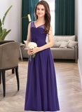 Amiah A-Line V-neck Floor-Length Chiffon Junior Bridesmaid Dress With Ruffle UKP0013642