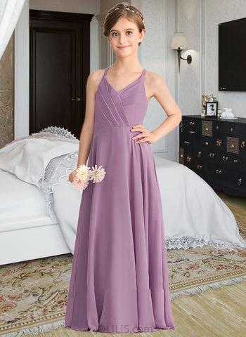 Kaylee A-Line V-neck Floor-Length Chiffon Junior Bridesmaid Dress With Cascading Ruffles UKP0013644