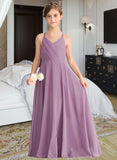 Kaylee A-Line V-neck Floor-Length Chiffon Junior Bridesmaid Dress With Cascading Ruffles UKP0013644