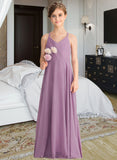 Kaylee A-Line V-neck Floor-Length Chiffon Junior Bridesmaid Dress With Cascading Ruffles UKP0013644