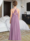 Kaylee A-Line V-neck Floor-Length Chiffon Junior Bridesmaid Dress With Cascading Ruffles UKP0013644