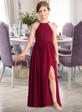 Alexis A-Line Scoop Neck Floor-Length Chiffon Lace Junior Bridesmaid Dress With Split Front UKP0013645