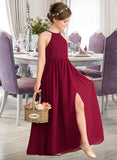 Alexis A-Line Scoop Neck Floor-Length Chiffon Lace Junior Bridesmaid Dress With Split Front UKP0013645