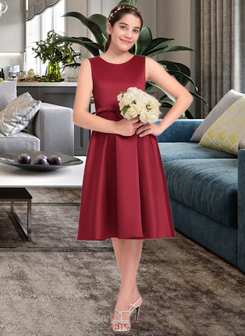 Karma A-Line Scoop Neck Knee-Length Satin Junior Bridesmaid Dress With Lace Bow(s) UKP0013646