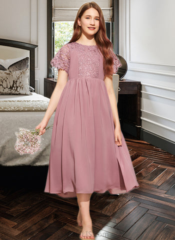 Avery A-Line Scoop Neck Tea-Length Chiffon Lace Junior Bridesmaid Dress UKP0013648