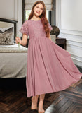 Avery A-Line Scoop Neck Tea-Length Chiffon Lace Junior Bridesmaid Dress UKP0013648