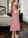 Avery A-Line Scoop Neck Tea-Length Chiffon Lace Junior Bridesmaid Dress UKP0013648