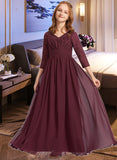 Libby A-Line V-neck Floor-Length Chiffon Lace Junior Bridesmaid Dress UKP0013652