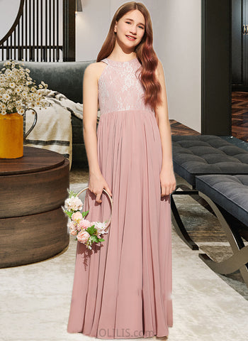 Macy A-Line Scoop Neck Floor-Length Chiffon Lace Junior Bridesmaid Dress With Sequins UKP0013655