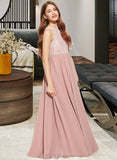 Macy A-Line Scoop Neck Floor-Length Chiffon Lace Junior Bridesmaid Dress With Sequins UKP0013655